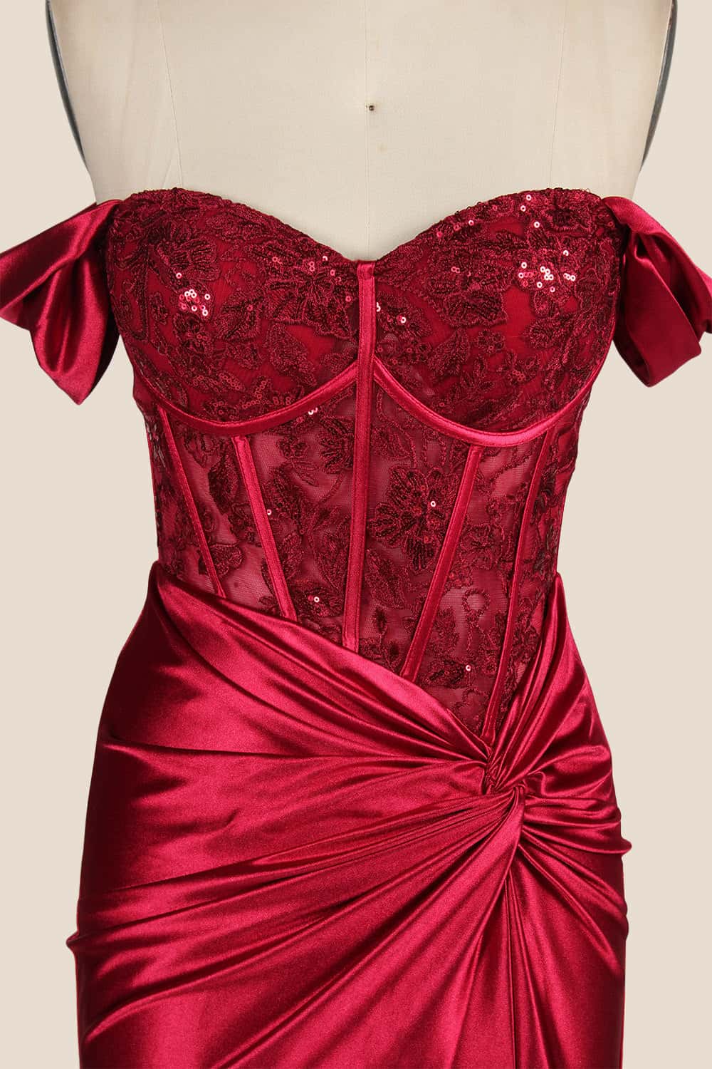 Off the Shoulder Red Appliques Ruched Dress - Image 3