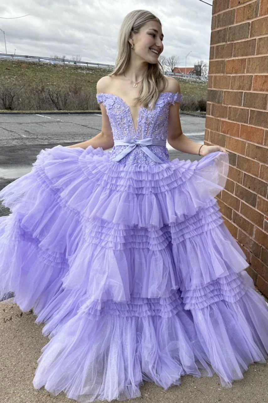 Off the Shoulder Red Appliques Tiered Long Formal Dress - Image 10