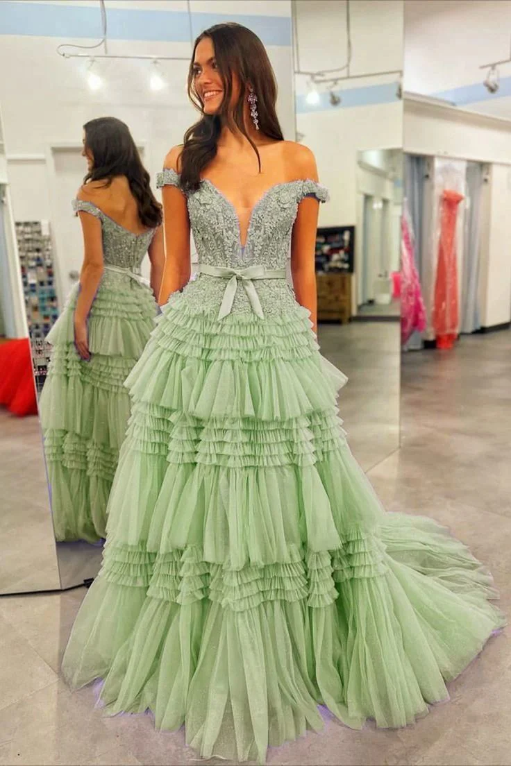 Off the Shoulder Red Appliques Tiered Long Formal Dress - Image 7