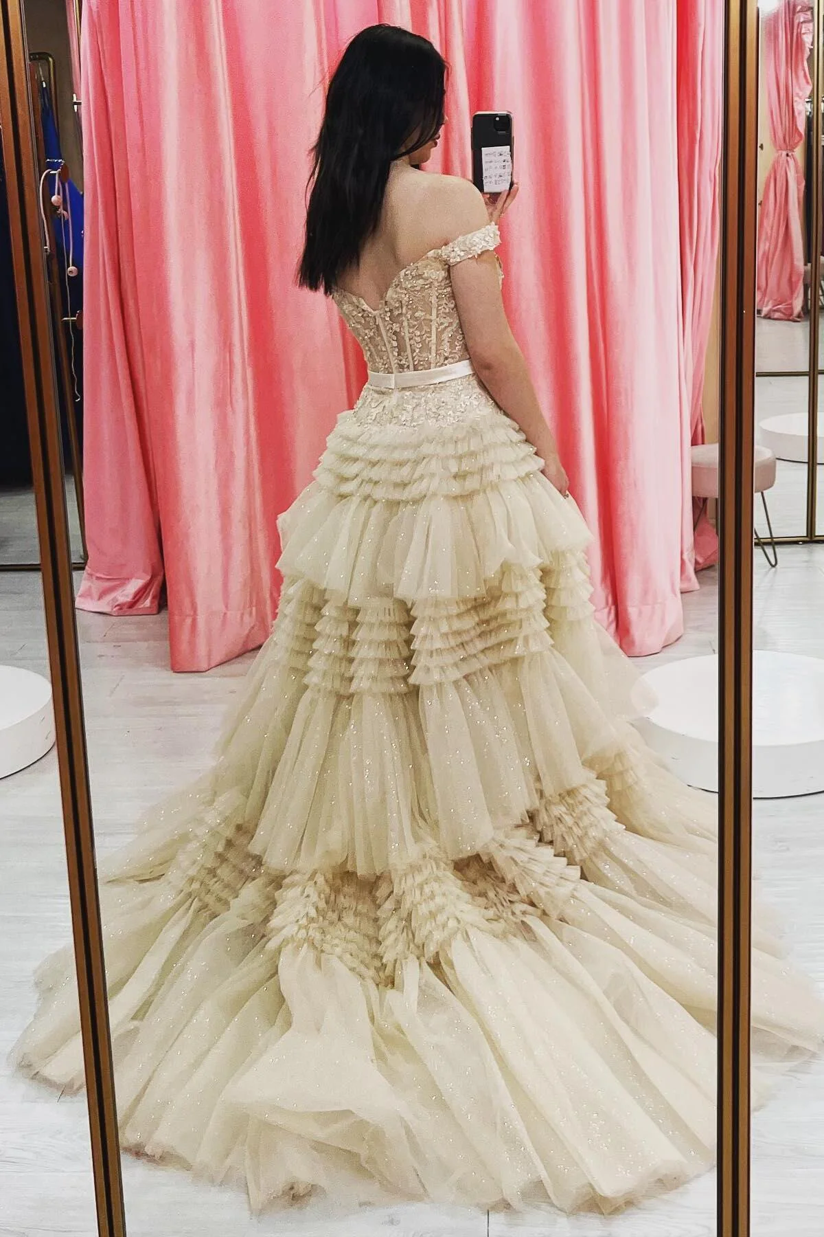 Off the Shoulder Red Appliques Tiered Long Formal Dress - Image 9
