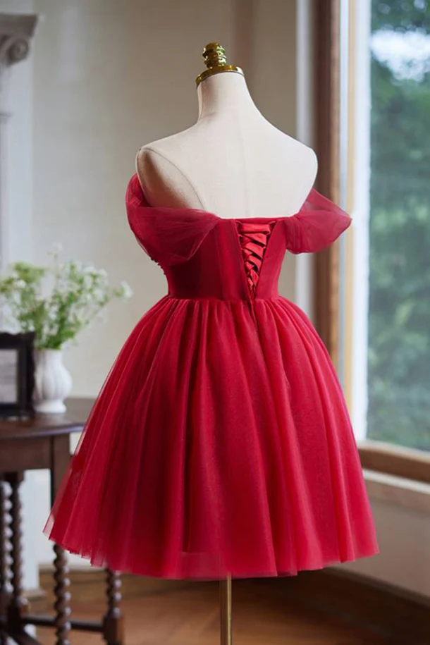 Off the Shoulder Red Beaded Short Tulle Dress - Image 2