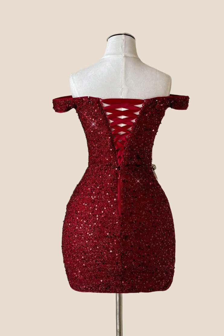 Off the Shoulder Red Sequin Tight Dress - Image 2