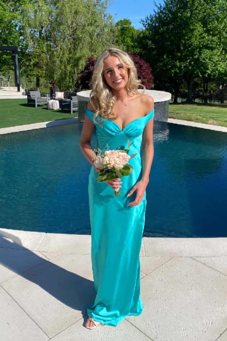 Off the Shoulder Sage Green Soft Satin Fitted Dress - Image 8
