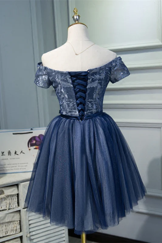 Off the Shoulder Short Sleeves Navy Blue Tutu Party Dress - Image 4