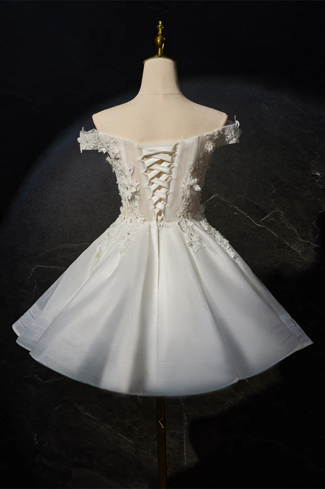 Off the Shoulder White 3D Floral A-line Princess Dress - Image 2