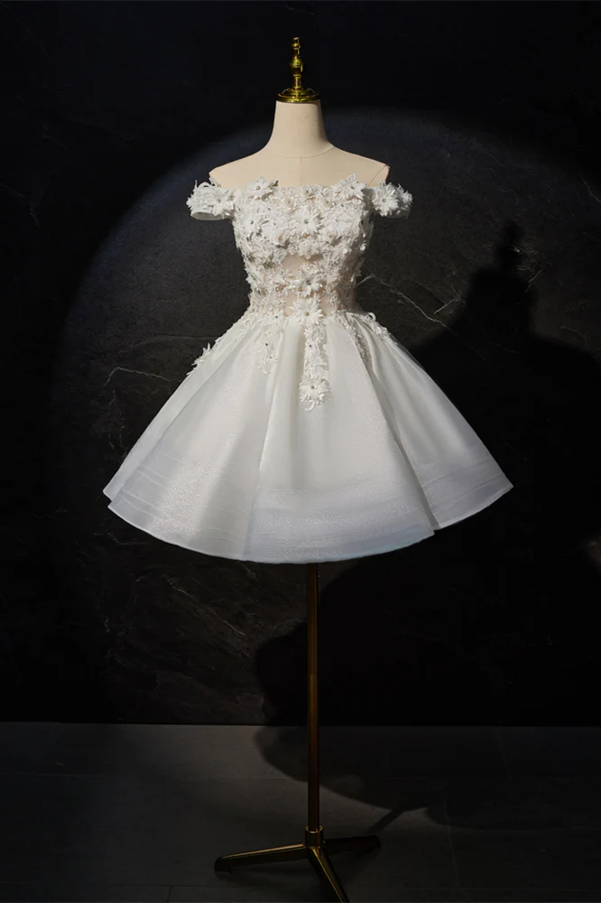 Off the Shoulder White 3D Floral A-line Princess Dress - Image 3