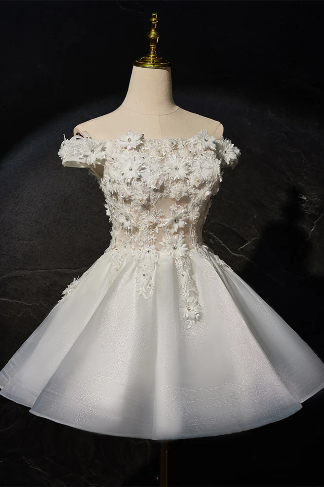 Off the Shoulder White 3D Floral A-line Princess Dress - Image 4