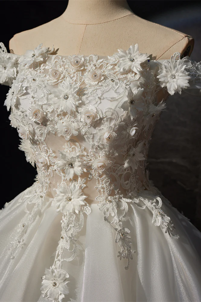 Off the Shoulder White 3D Floral A-line Princess Dress - Image 5