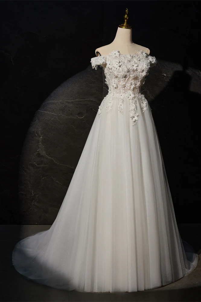 Off the Shoulder White Embroidered Princess Dress - Image 3