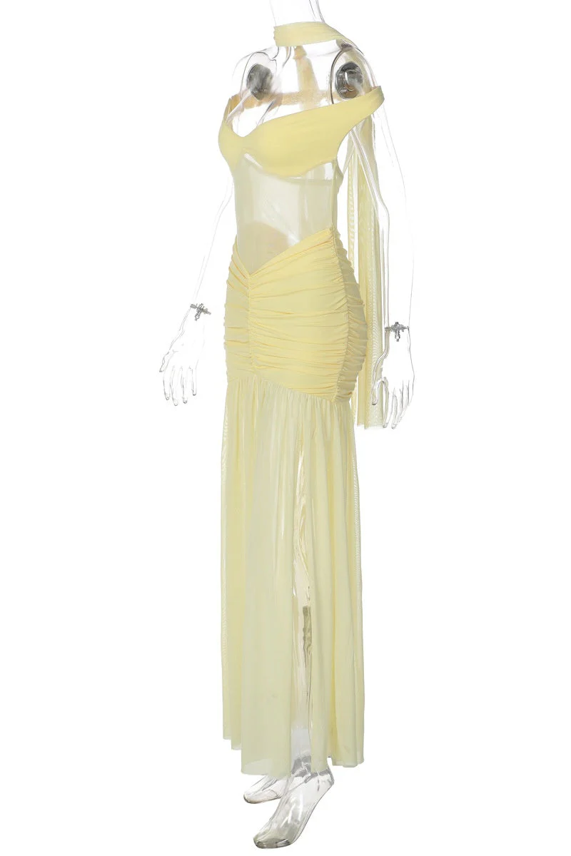 Off the Shoulder Yellow Sheer Mesh Long Dress - Image 5