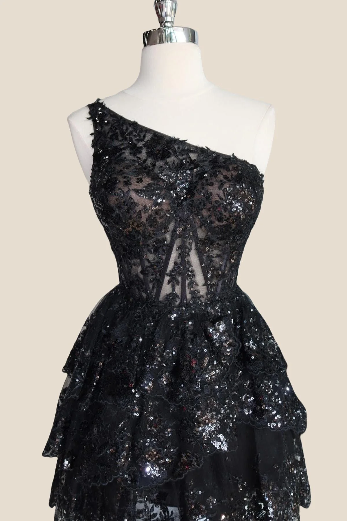 One Shoulder Black Appliques Ruffles Short Party Dress