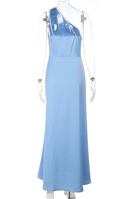 One Shoulder Blue Ruched Slit Long Dress - Image 2