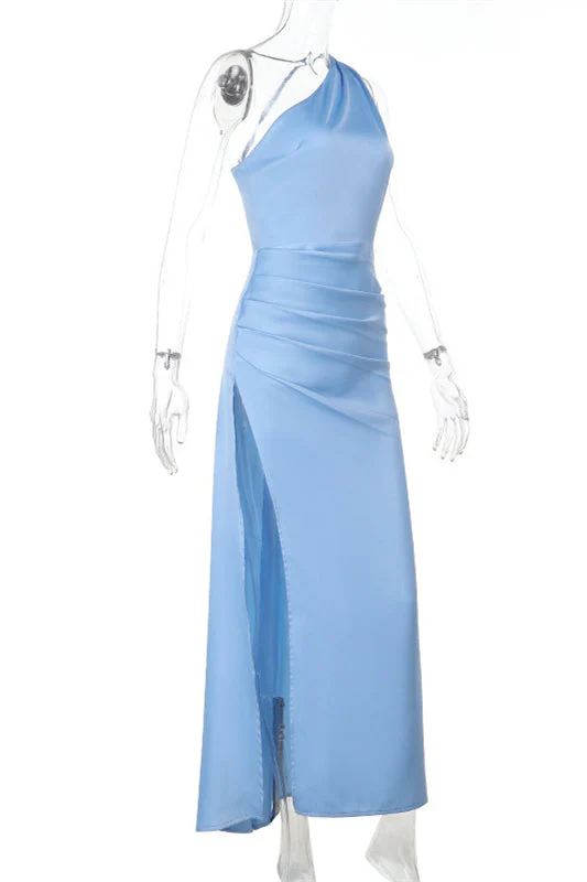 One Shoulder Blue Ruched Slit Long Dress - Image 3