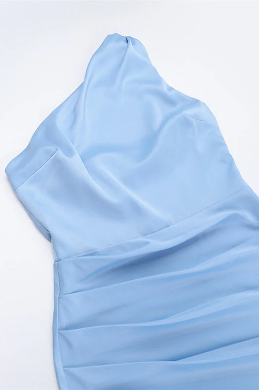 One Shoulder Blue Ruched Slit Long Dress - Image 4