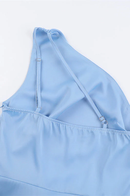 One Shoulder Blue Ruched Slit Long Dress - Image 5