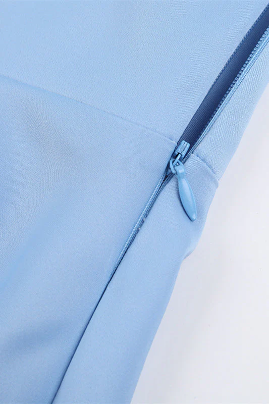 One Shoulder Blue Ruched Slit Long Dress - Image 7