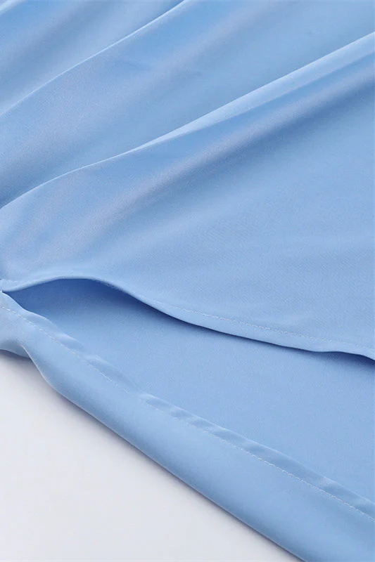One Shoulder Blue Ruched Slit Long Dress - Image 9