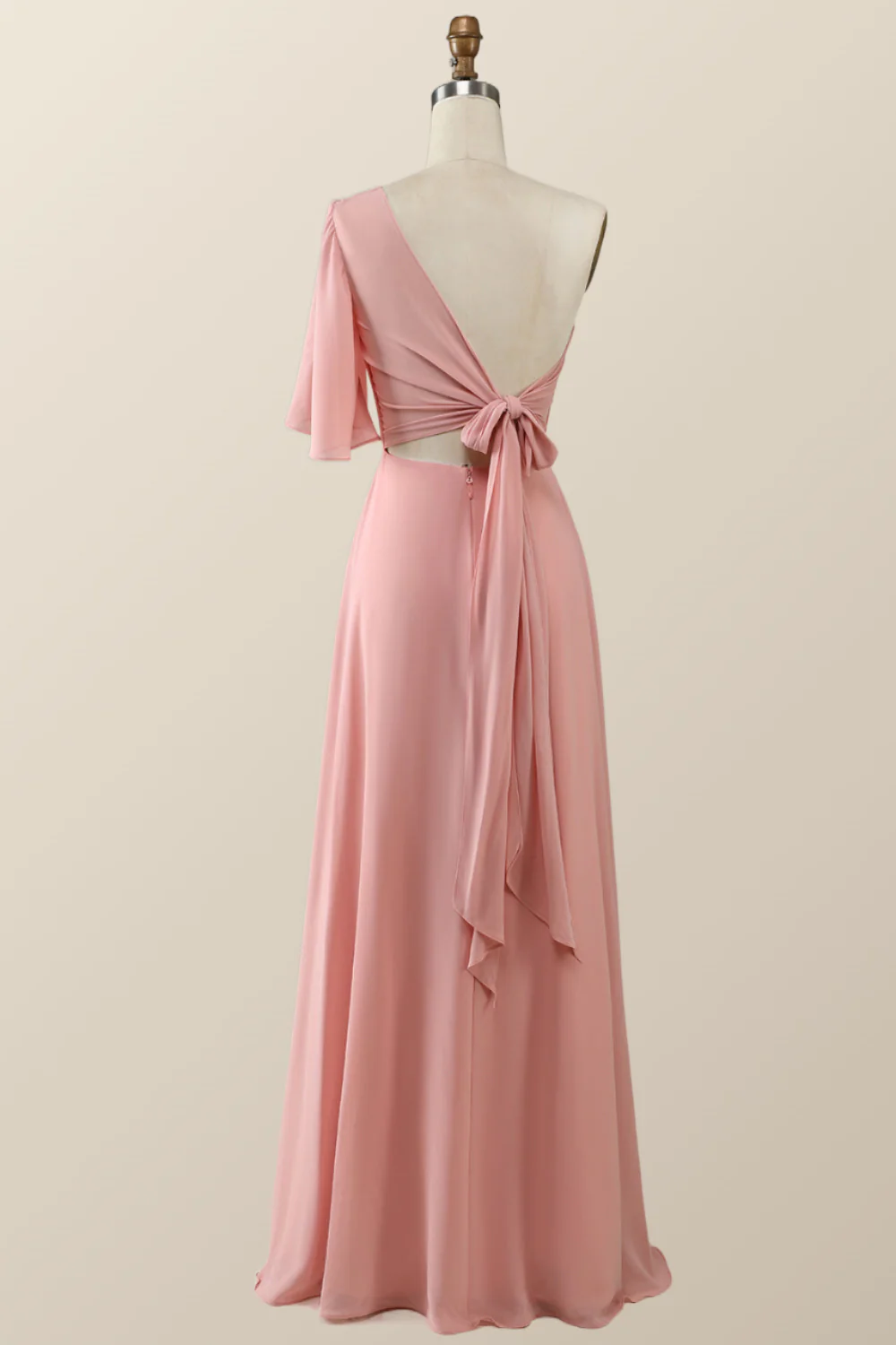 One Shoulder Blush Pink Chiffon Long Bridesmaid Dress - Image 2
