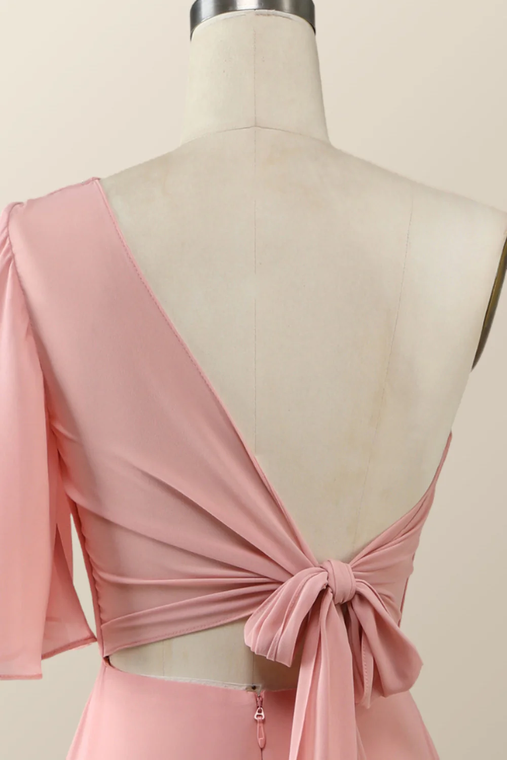 One Shoulder Blush Pink Chiffon Long Bridesmaid Dress - Image 3