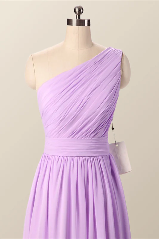 One Shoulder Blush Pink Pleated Long Bridesmaid Dress - Image 11