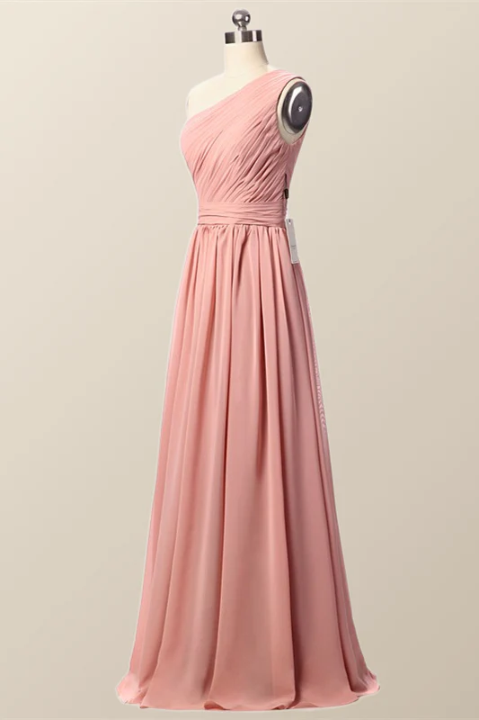 One Shoulder Blush Pink Pleated Long Bridesmaid Dress - Image 2