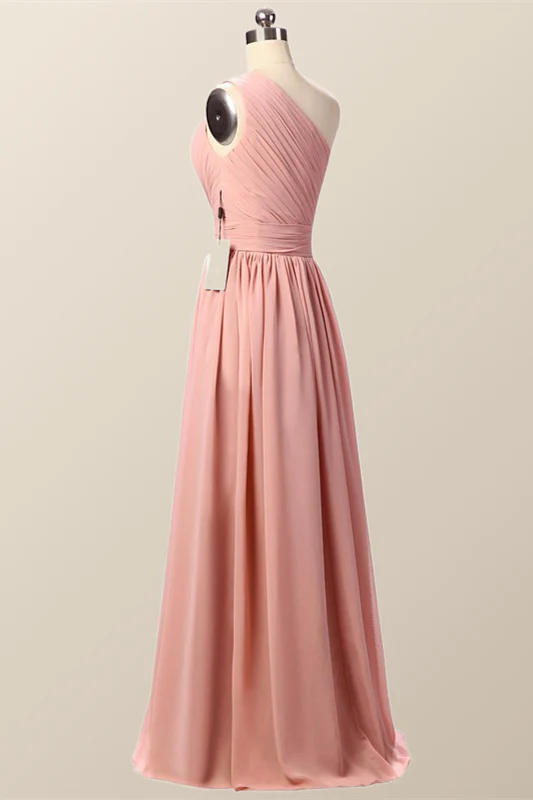 One Shoulder Blush Pink Pleated Long Bridesmaid Dress - Image 3