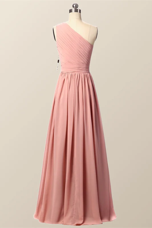 One Shoulder Blush Pink Pleated Long Bridesmaid Dress - Image 4