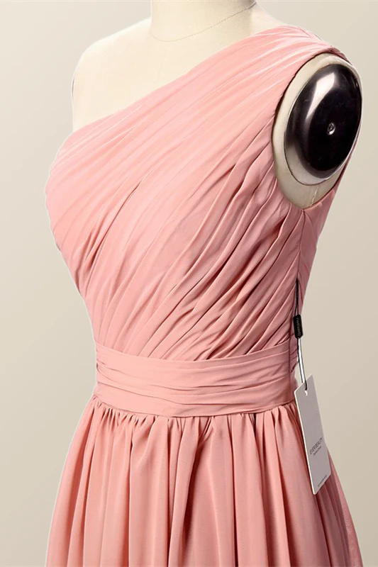 One Shoulder Blush Pink Pleated Long Bridesmaid Dress - Image 5