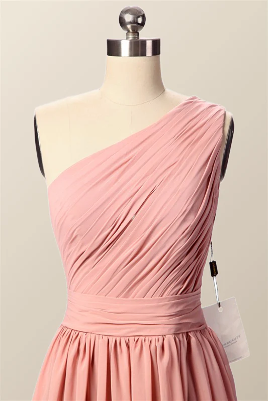 One Shoulder Blush Pink Pleated Long Bridesmaid Dress - Image 6