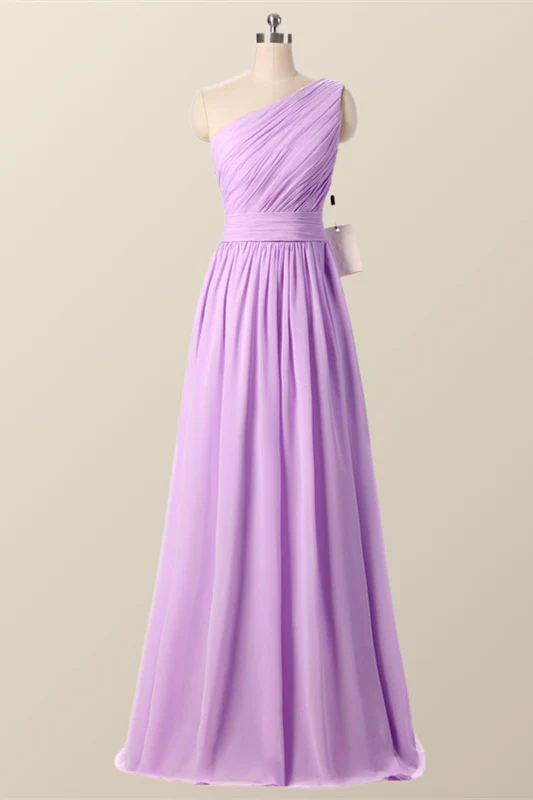 One Shoulder Blush Pink Pleated Long Bridesmaid Dress - Image 7