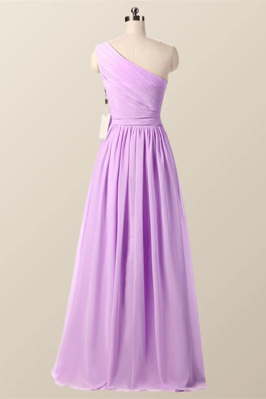 One Shoulder Blush Pink Pleated Long Bridesmaid Dress - Image 9