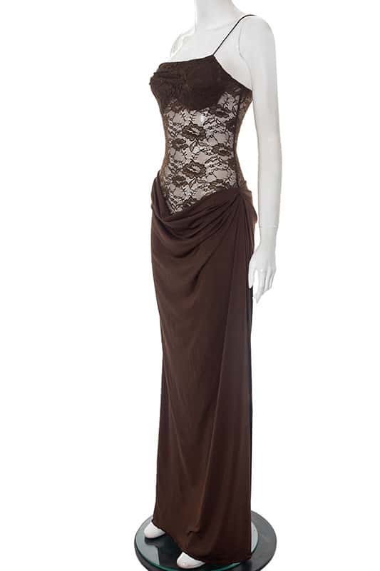 One Shoulder Brown Sheer Lace Ruched Long Dress - Image 2