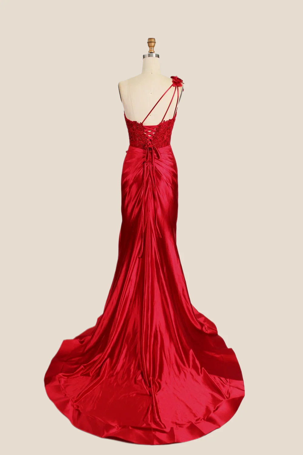 One Shoulder Red Appliques Ruched Mermaid Formal Dress - Image 10