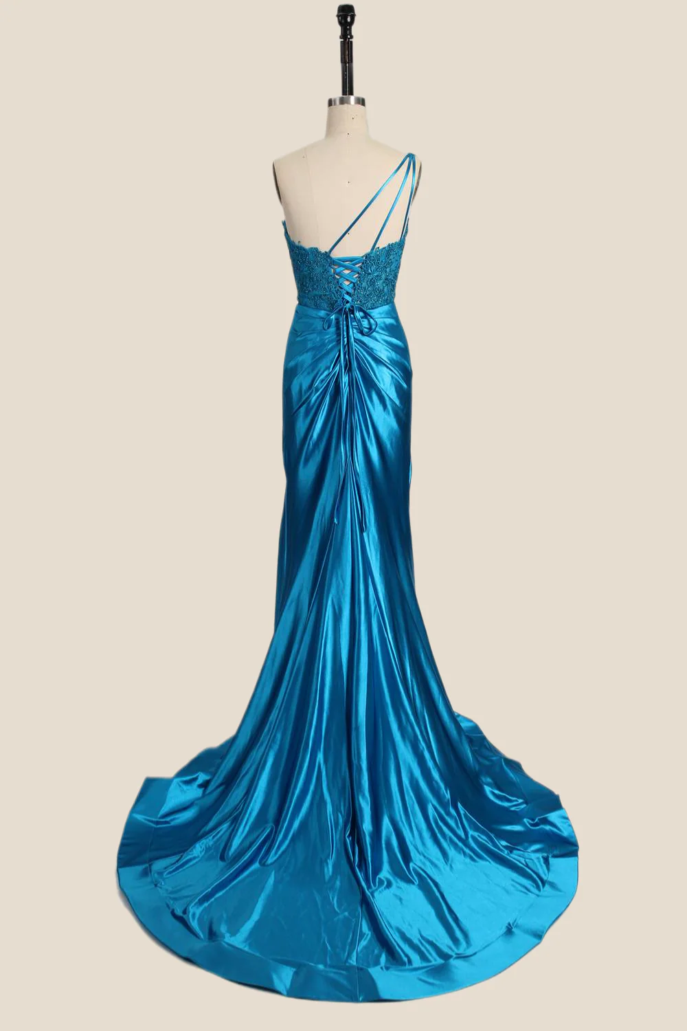 One Shoulder Red Appliques Ruched Mermaid Formal Dress - Image 12