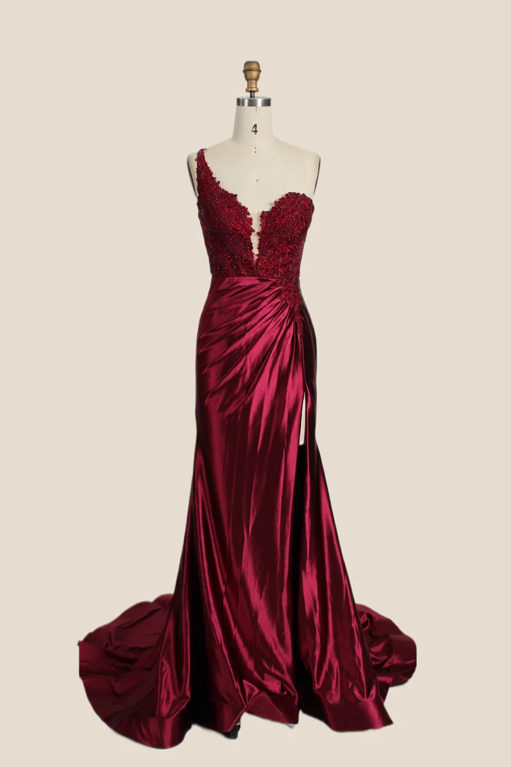 One Shoulder Red Appliques Ruched Mermaid Formal Dress - Image 13