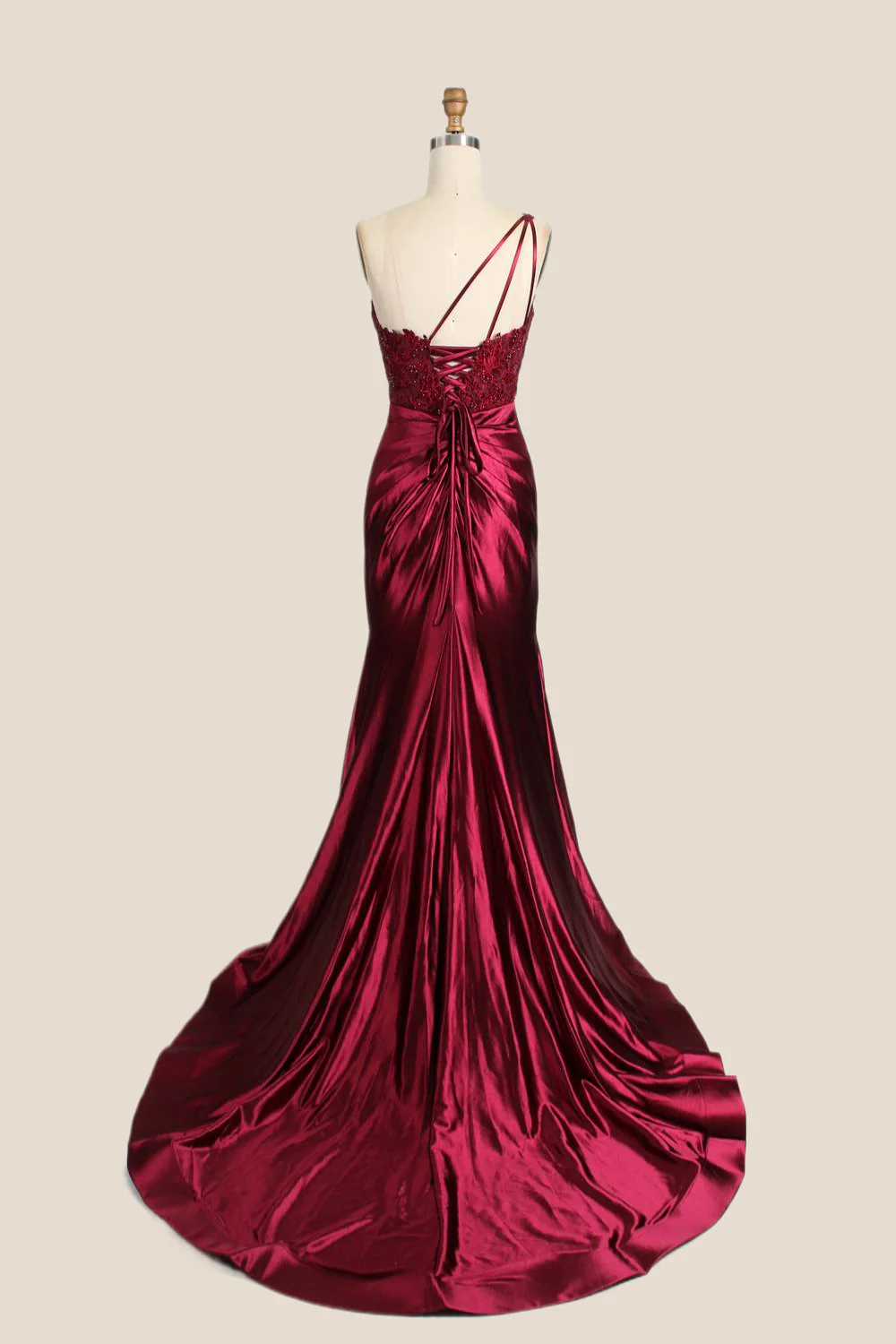 One Shoulder Red Appliques Ruched Mermaid Formal Dress - Image 14