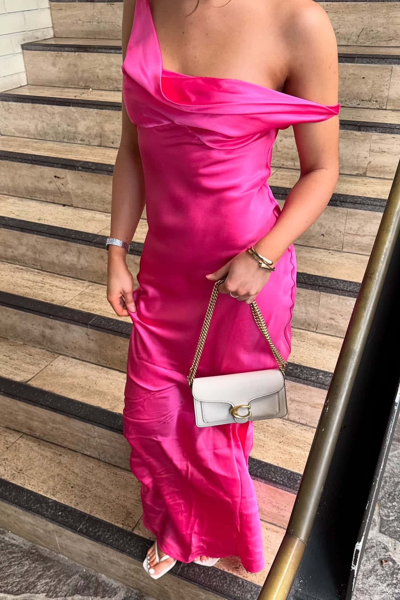 One Shoulder Fuchsia Satin Fitted Long Maxi Dress - Image 2