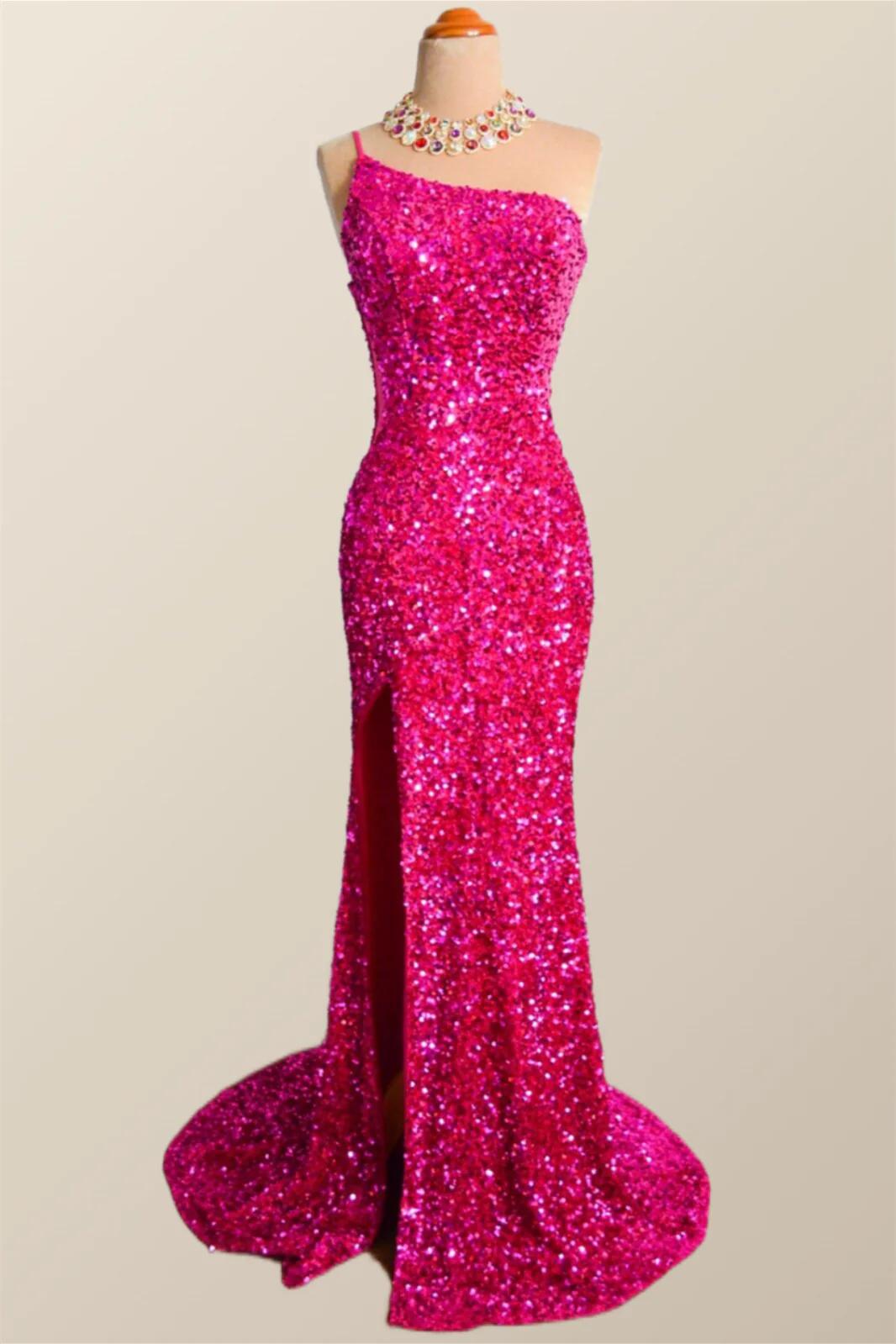 One Shoulder Fuchsia Sequin Mermaid Long Party Dress