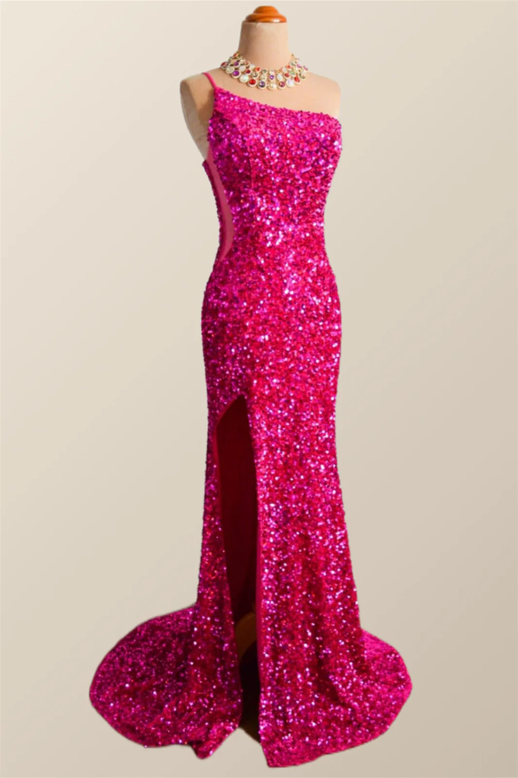 One Shoulder Fuchsia Sequin Mermaid Long Party Dress - Image 2