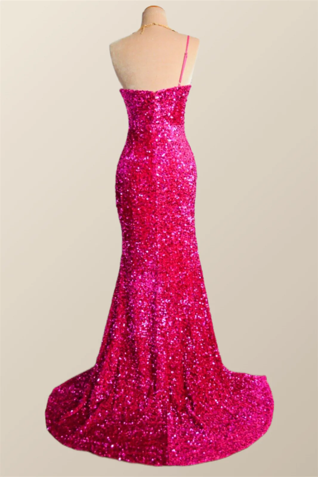 One Shoulder Fuchsia Sequin Mermaid Long Party Dress - Image 3