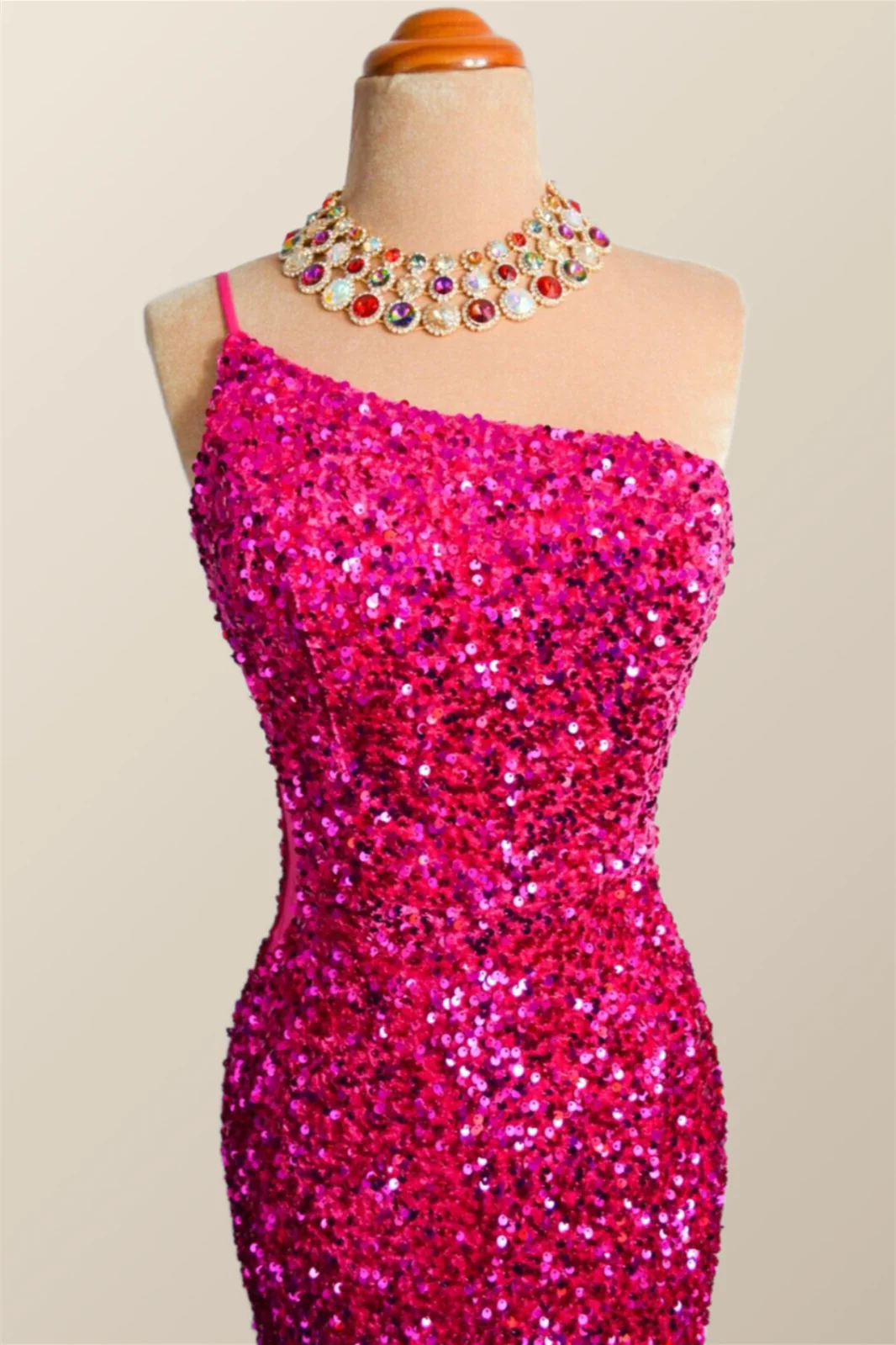 One Shoulder Fuchsia Sequin Mermaid Long Party Dress - Image 4