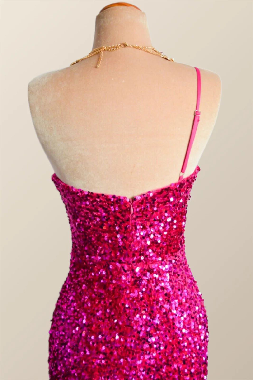 One Shoulder Fuchsia Sequin Mermaid Long Party Dress - Image 6