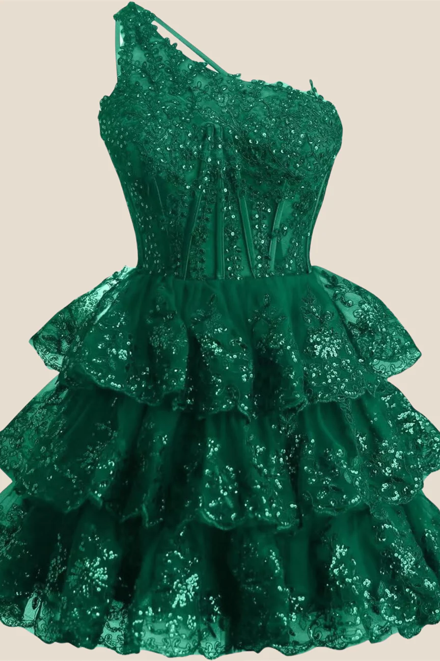 One Shoulder Red Sequin Tiered Short Dress - Image 5