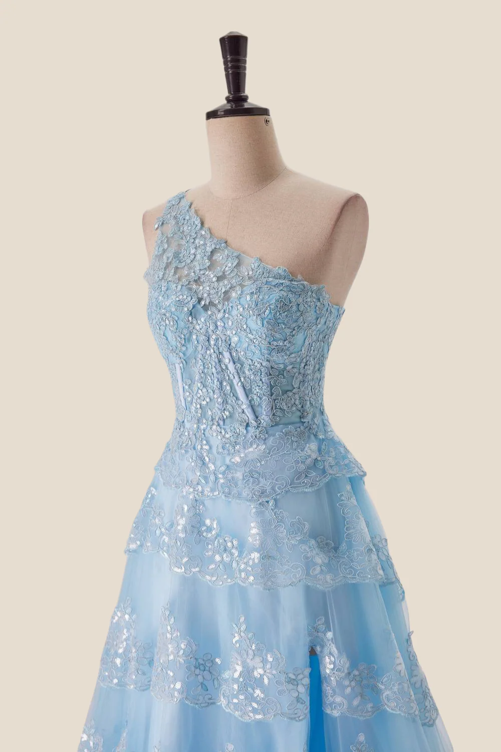 One Shoulder Navy Blue Appliques Ruffle Formal Dress - Image 10