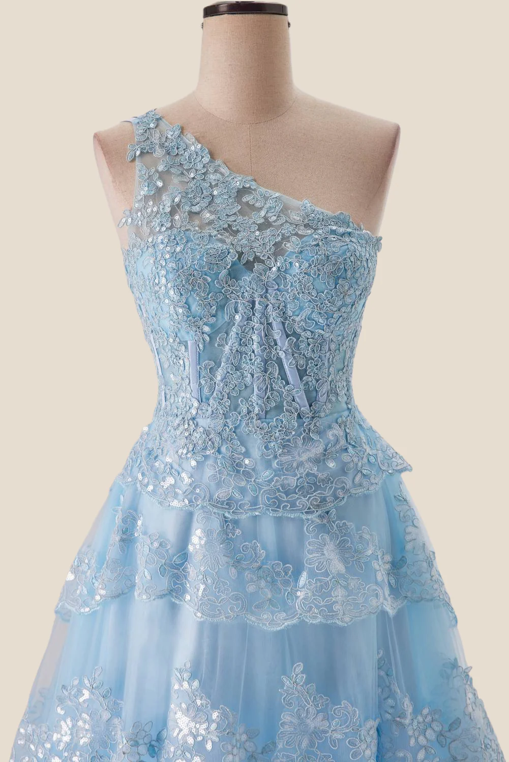 One Shoulder Navy Blue Appliques Ruffle Formal Dress - Image 9