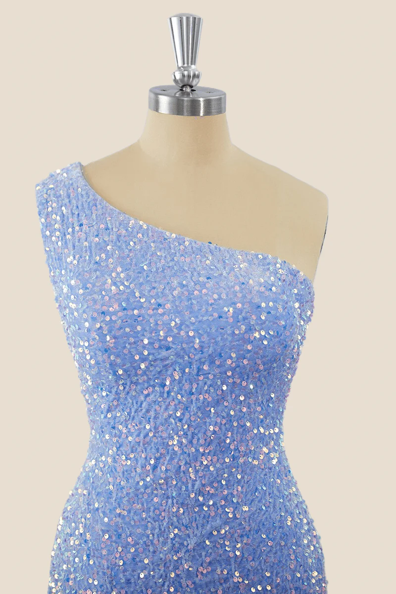 One Shoulder Light Blue Sequin Tight Mini Dress - Image 4