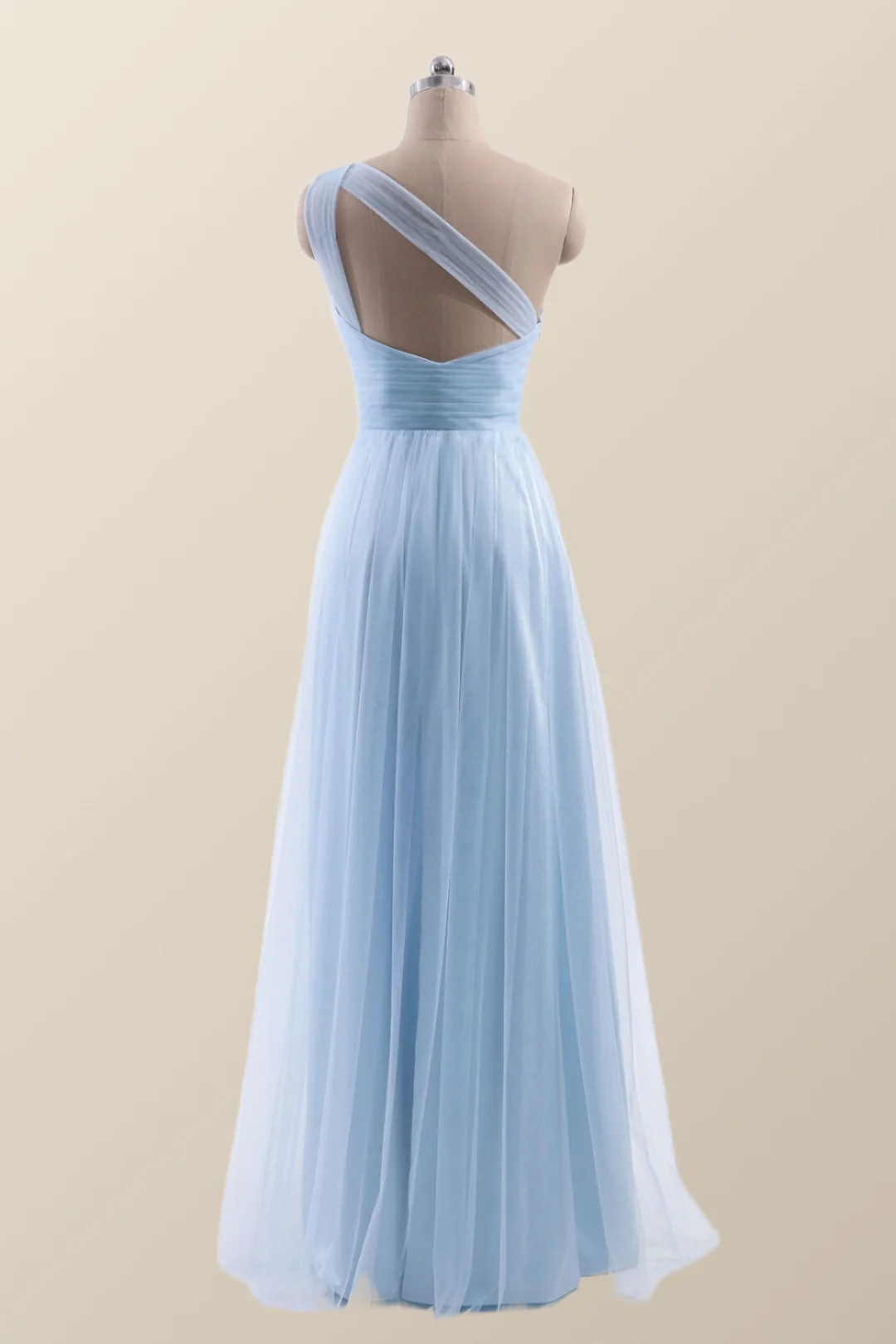 One Shoulder Light Blue Tulle A-line Bridesmaid Dress - Image 3