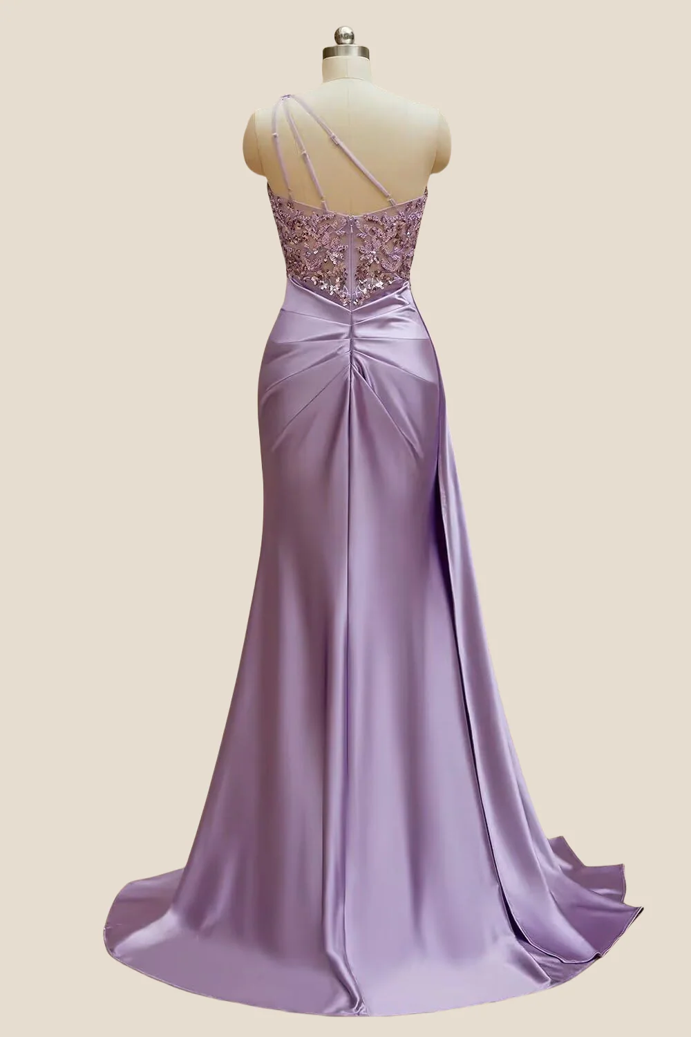 One Shoulder Lilac Sequin Ruched Long Dress - Image 2