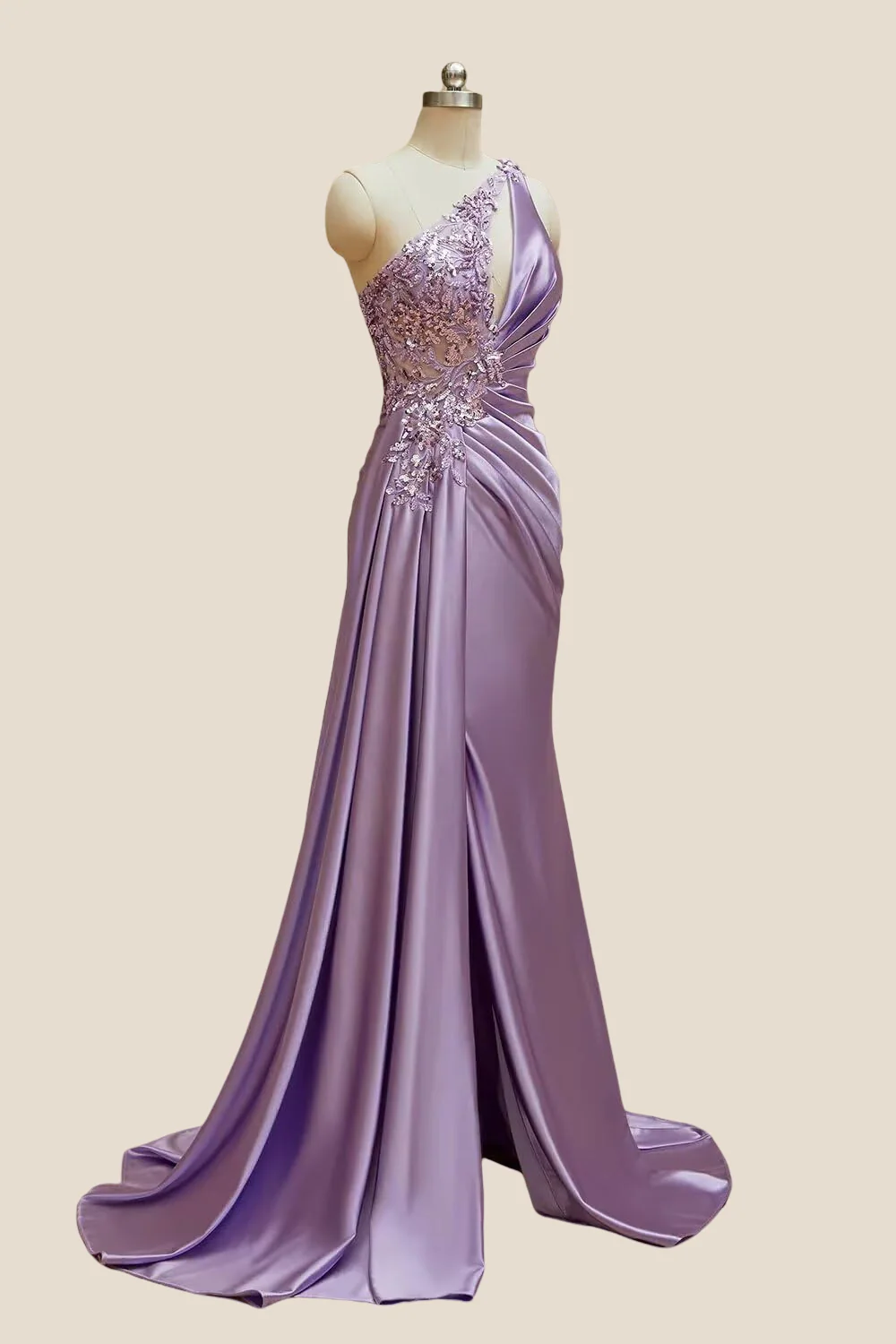 One Shoulder Lilac Sequin Ruched Long Dress - Image 3