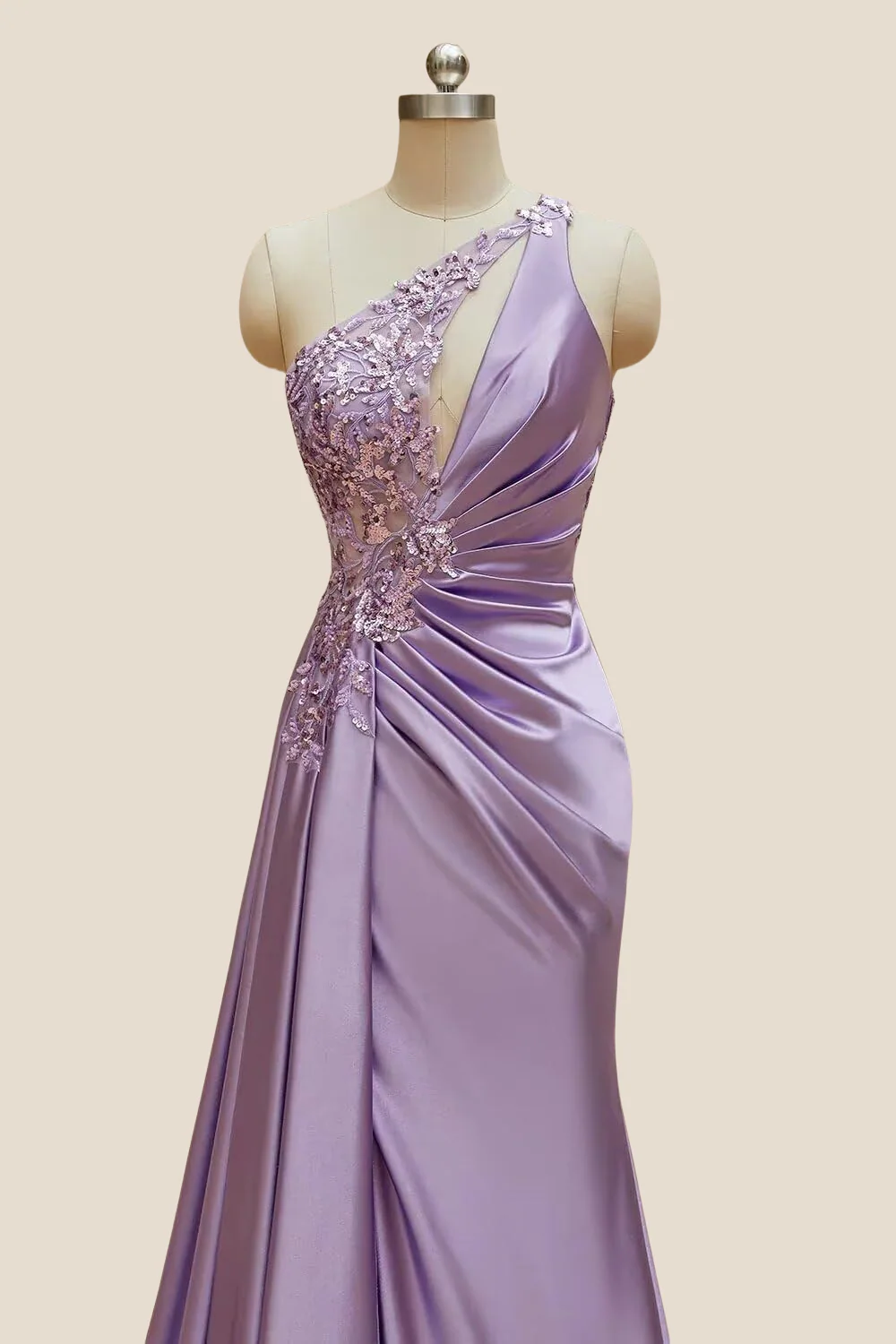 One Shoulder Lilac Sequin Ruched Long Dress - Image 4